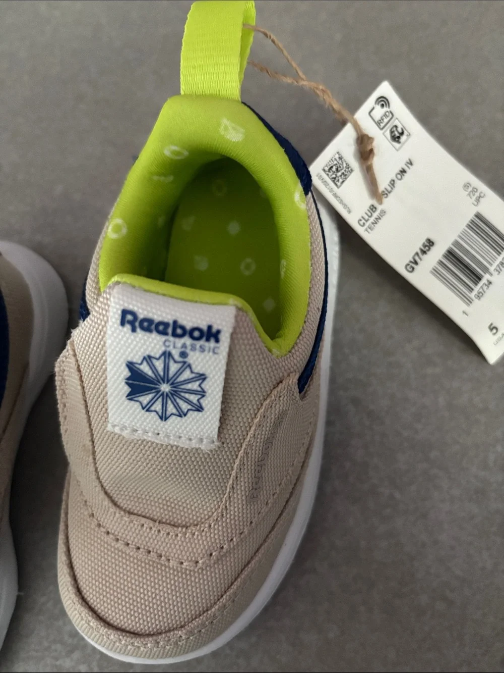Reebok Baby/Toddler Slip-On Sneakers in Beige with Neon Green Accents-Brand New!